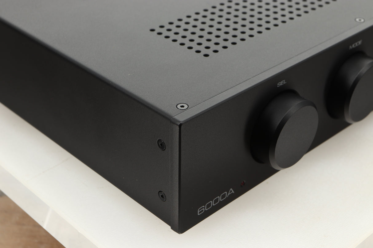 Front left corner view of a used Audiolab 6000A Integrated Amplifier in Black finish