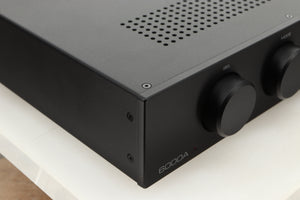 Front left corner view of a used Audiolab 6000A Integrated Amplifier in Black finish
