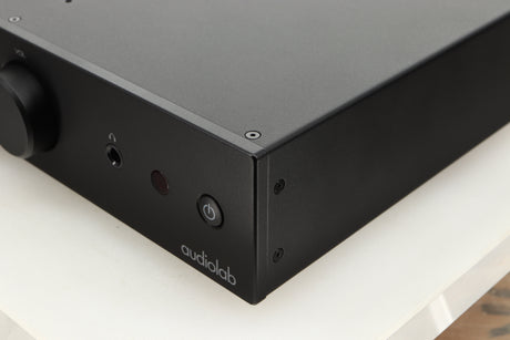 Front right corner view of a used Audiolab 6000A Integrated Amplifier in Black finish