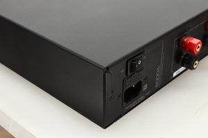 Rear left corner view of a used Audiolab 6000A Integrated Amplifier in Black finish