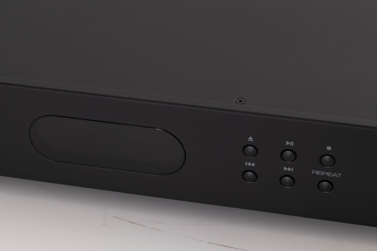 Close up of a used Audiolab 6000CDT CD Transport in a Black finish showing screen