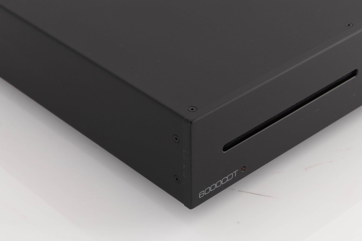 Front left corner of a used Audiolab 6000CDT CD Transport in a Black finish