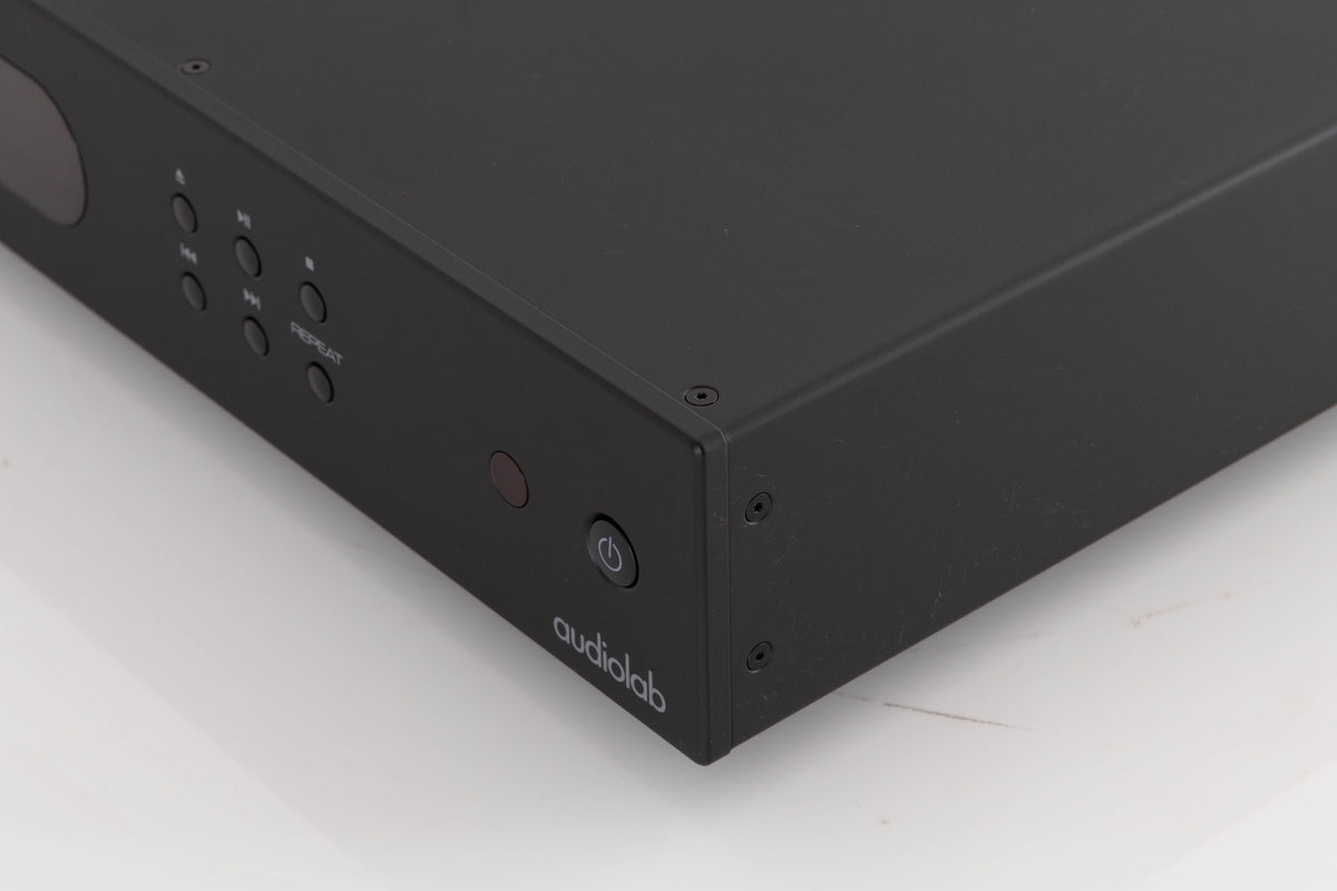Front right corner of a used Audiolab 6000CDT CD Transport in a Black finish
