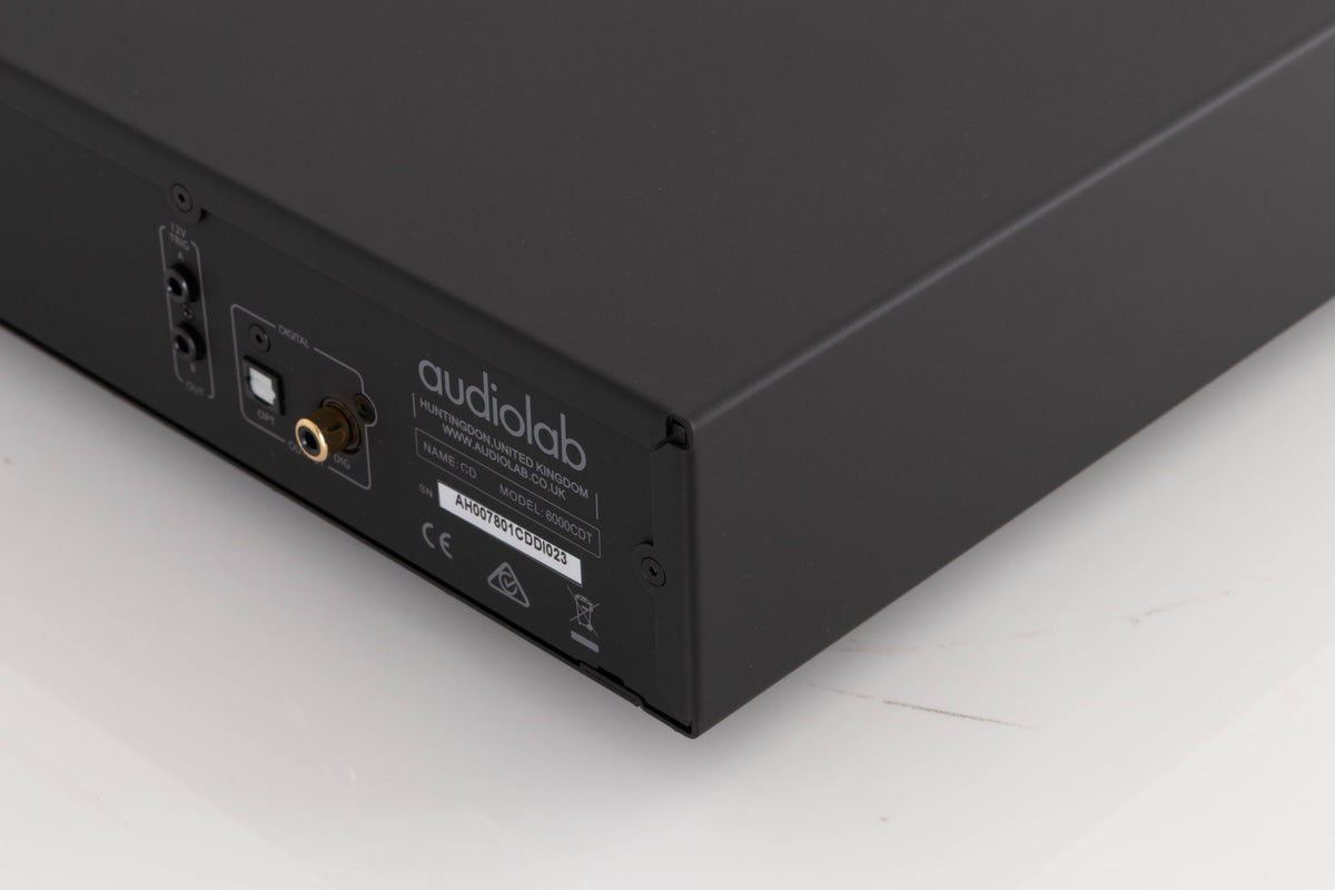 Rear left corner of a used Audiolab 6000CDT CD Transport in a Black finish