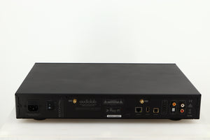 Rear view of a used Audiolab 6000N Network Streamer in a black finish showing Mains Input, Ethernet Input, Optical Output, USB Input and Phono Outputs