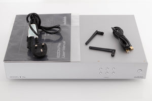 Top of a used Audiolab 6000N Play Network Streamer in a Silver finish showing Mains Cable, USB Cable, Manual and W-Fi Aerials