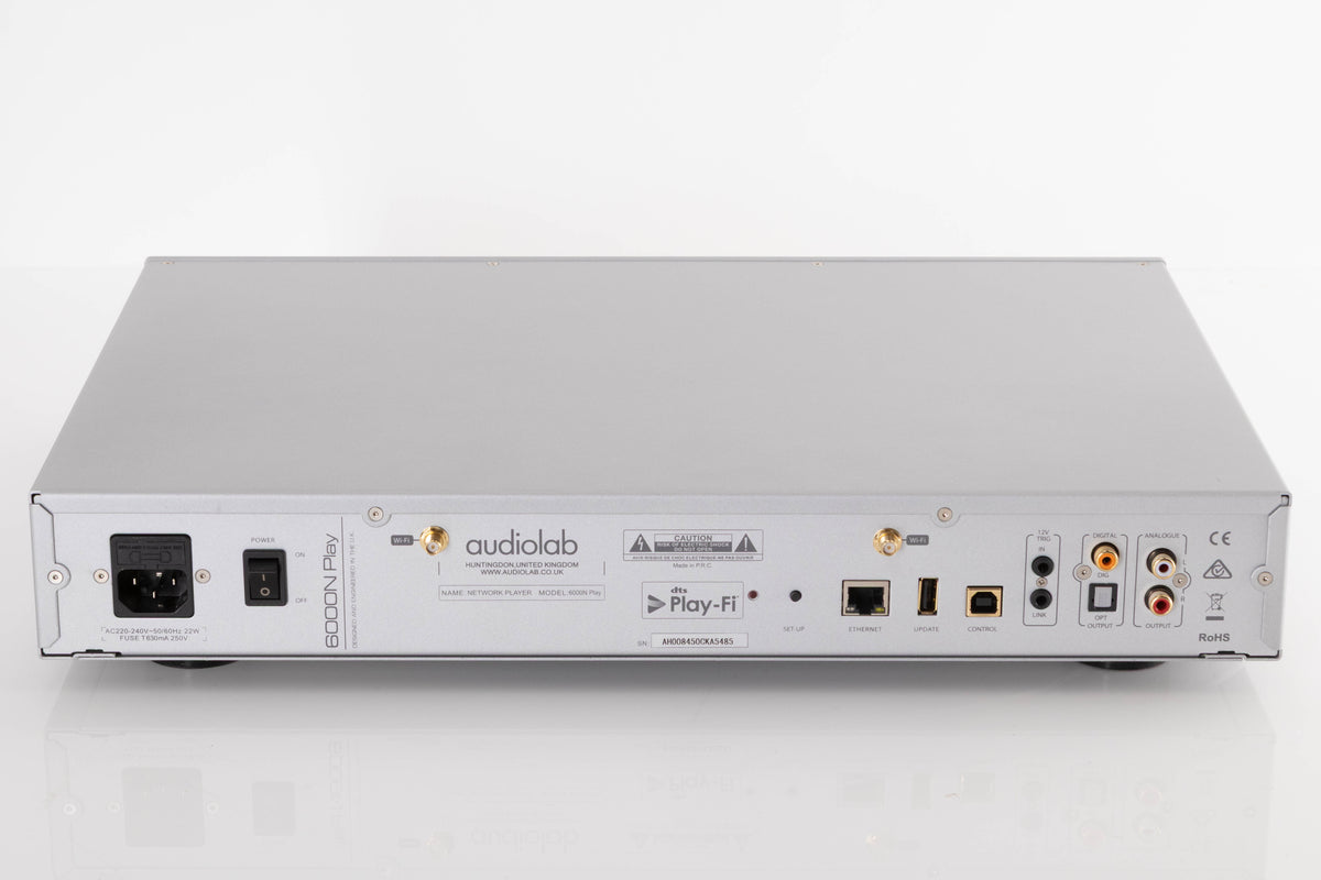 Rear view of a used Audiolab 6000N Play Network Streamer in a Silver finish showing Mains Input, Network Input, USB Inputs, Optical Output, Digital Output and Analogue Outputs