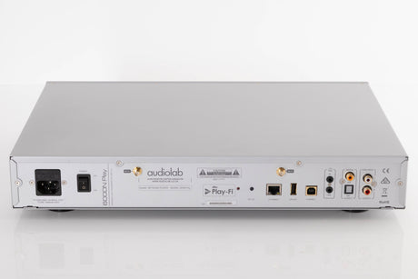 Rear view of a used Audiolab 6000N Play Network Streamer in a Silver finish showing Mains Input, Network Input, USB Inputs, Optical Output, Digital Output and Analogue Outputs