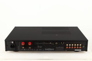 Rear view of a used Audiolab 7000A Integrated Amplifier in a black finish showing Mains Input, Phono Inputs, Phono Outputs, Optical Inputs, HDMI Input and USB Input
