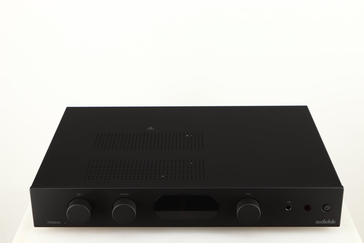 Top of a used Audiolab 7000A Integrated Amplifier in a black finish