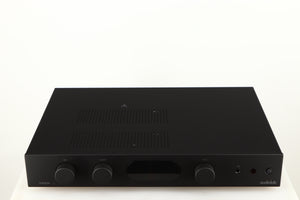 Top of a used Audiolab 7000A Integrated Amplifier in a black finish