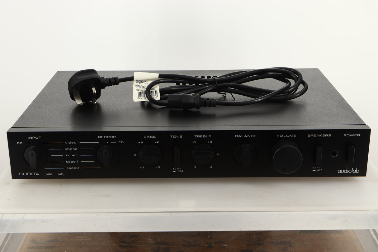 Front view of a used Audiolab 8000A Integrated Amplifier in Black finish with mains cable