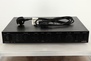 Front view of a used Audiolab 8000A Integrated Amplifier in Black finish with mains cable