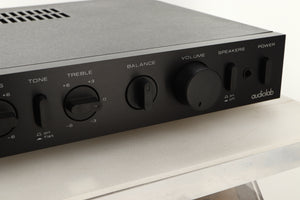 Close up view of a used Audiolab 8000A Integrated Amplifier in Black finish