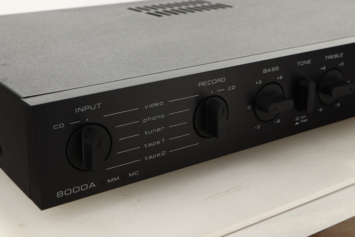 Close up view of a used Audiolab 8000A Integrated Amplifier in Black finish