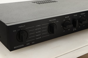 Close up view of a used Audiolab 8000A Integrated Amplifier in Black finish