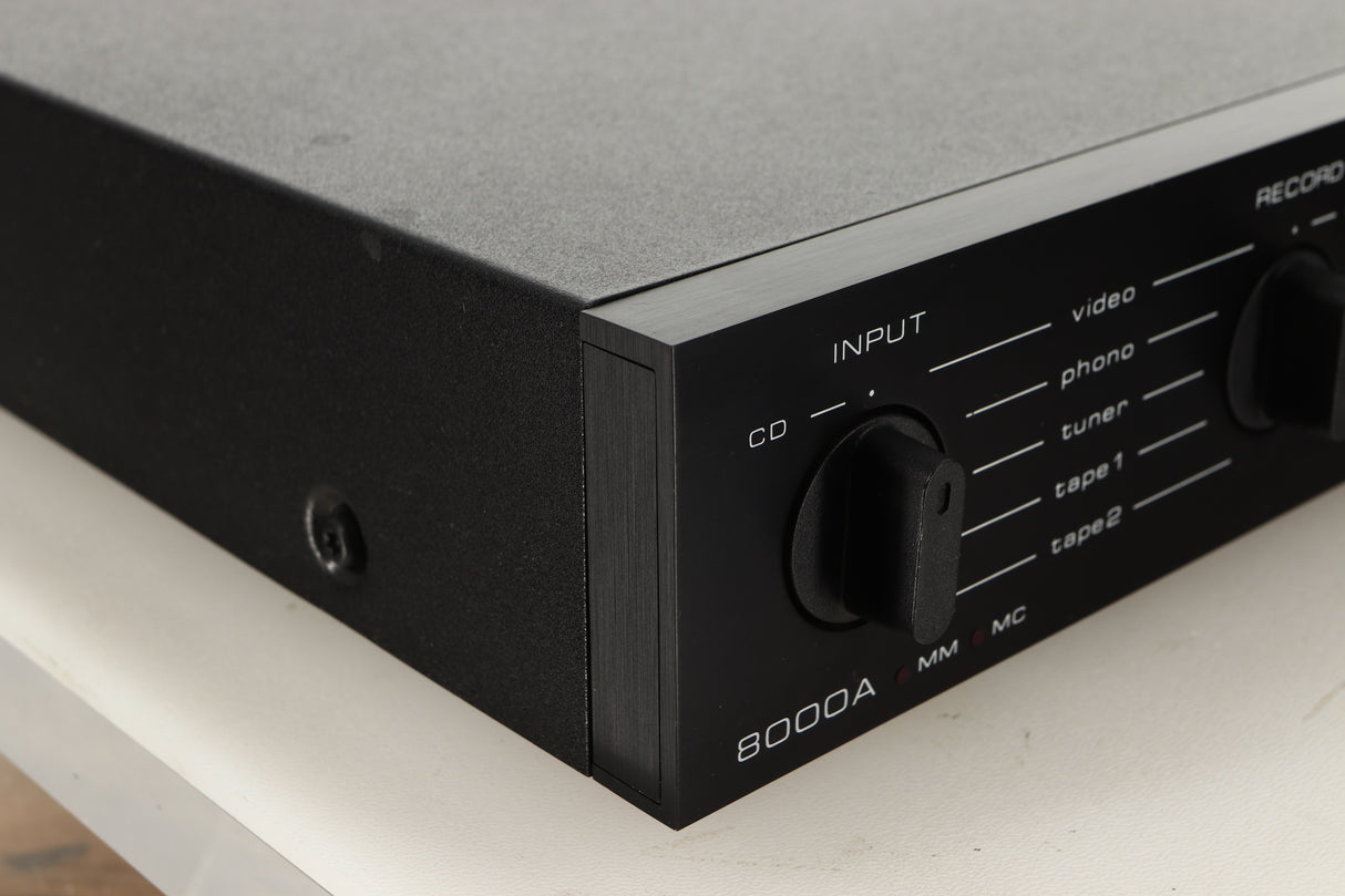 Front left corner view of a used Audiolab 8000A Integrated Amplifier in Black finish