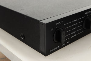 Front left corner view of a used Audiolab 8000A Integrated Amplifier in Black finish