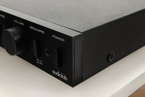Front right corner view of a used Audiolab 8000A Integrated Amplifier in Black finish