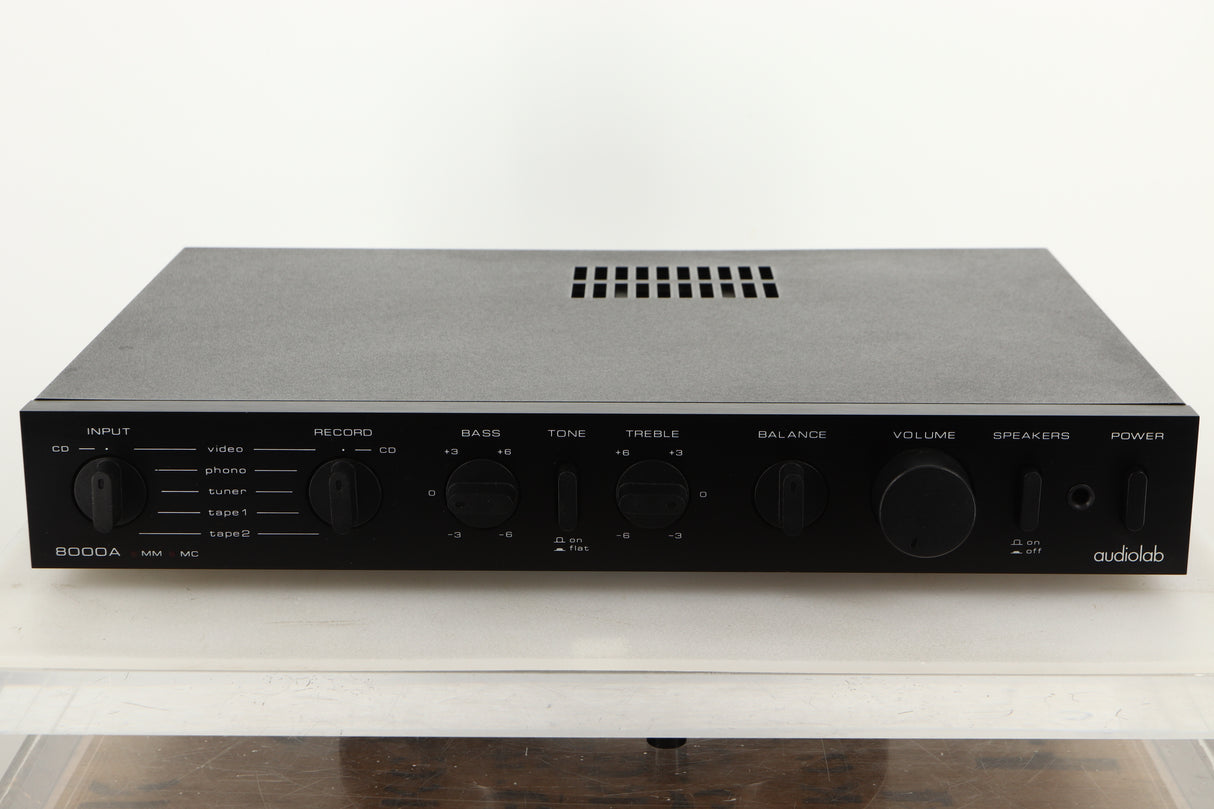 Front view of a used Audiolab 8000A Integrated Amplifier in Black finish