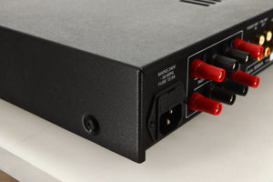 Rear left corner view of a used Audiolab 8000A Integrated Amplifier in Black finish