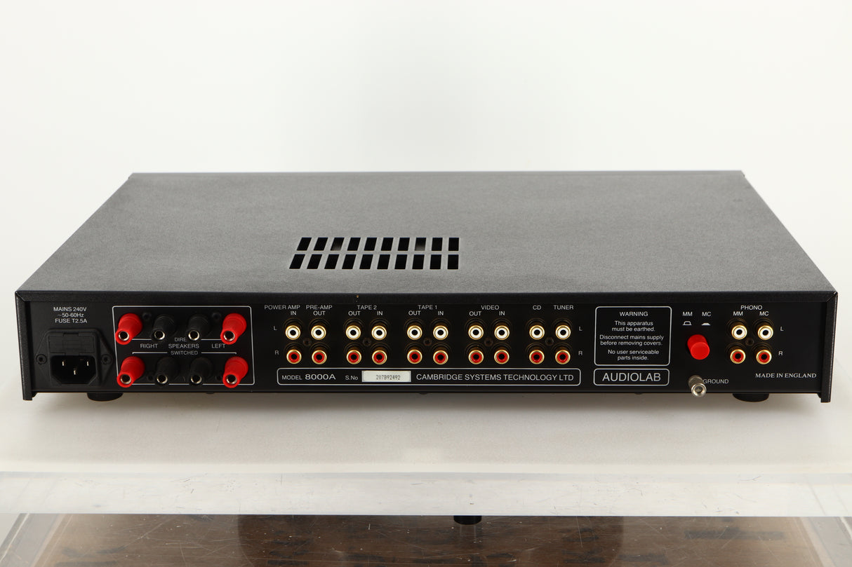 Rear view of a used Audiolab 8000A Integrated Amplifier in Black finish