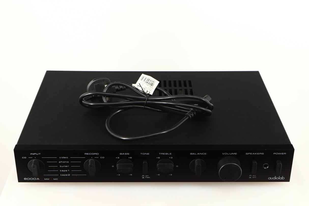 Top of a used Audiolab 8000A Integrated Amplifier in a black finish showing Mains Cable
