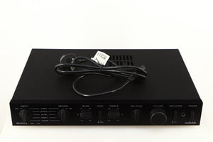 Top of a used Audiolab 8000A Integrated Amplifier in a black finish showing Mains Cable