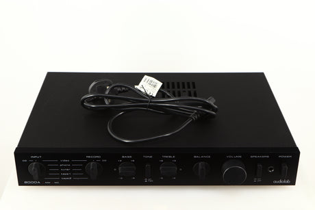 Top of a used Audiolab 8000A Integrated Amplifier in a black finish showing Mains Cable