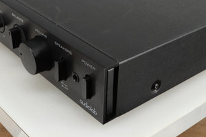 Front right corner of a used Audiolab 8000A Integrated Amplifier in a black finish