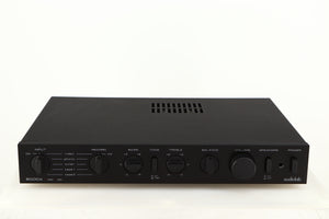 Front view of a used Audiolab 8000A Integrated Amplifier in a black finish