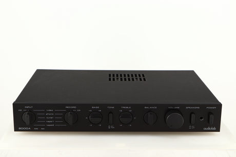Front view of a used Audiolab 8000A Integrated Amplifier in a black finish