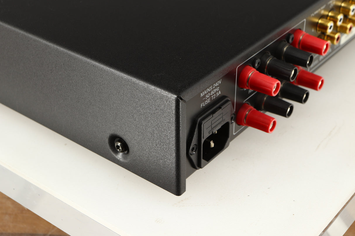 Rear right corner of a used Audiolab 8000A Integrated Amplifier in a black finish