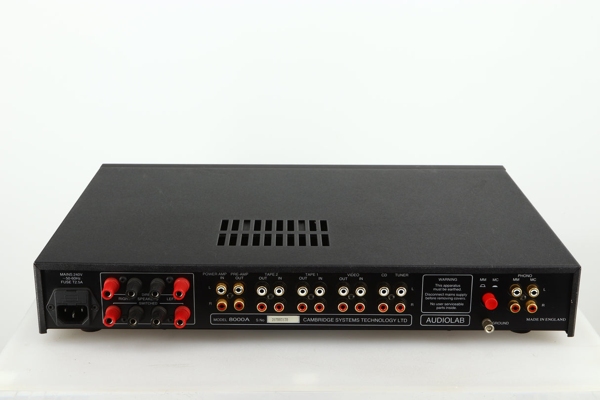 Rear view of a used Audiolab 8000A Integrated Amplifier in a black finish showing Mains Input, Speaker Inputs and Phono Inputs