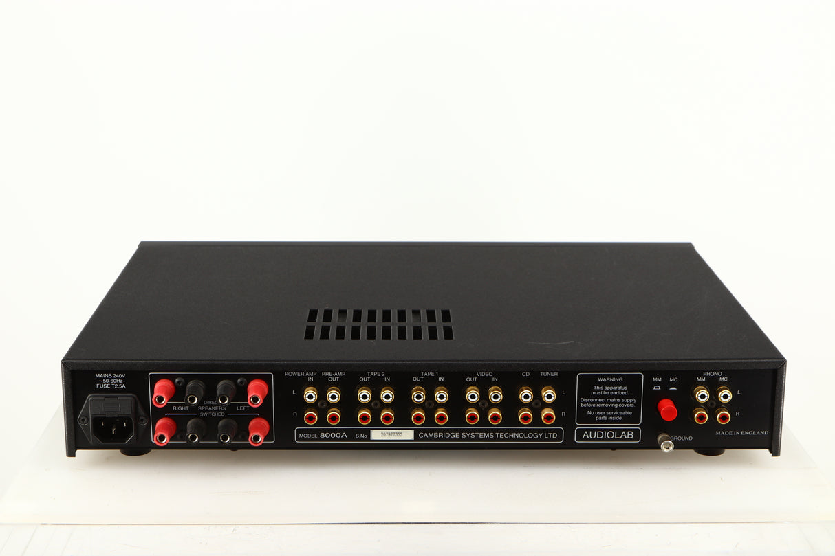 Rear view of a used Audiolab 8000A Integrated Amplifier in a black finish showing Phono Inputs, Phono Outputs and Mains Input
