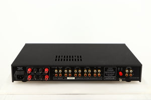 Rear view of a used Audiolab 8000A Integrated Amplifier in a black finish showing Phono Inputs, Phono Outputs and Mains Input