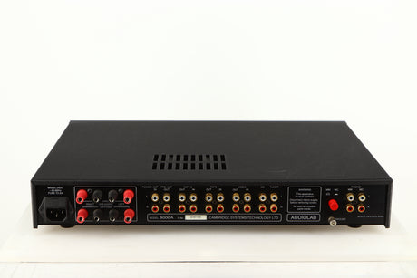 Rear view of a used Audiolab 8000A Integrated Amplifier in a black finish showing Phono Inputs, Phono Outputs and Mains Input
