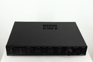 Top of a used Audiolab 8000A Integrated Amplifier in a black finish