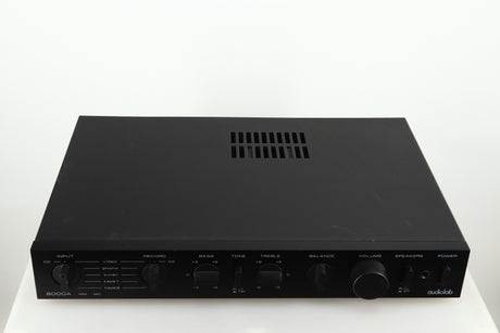 Top of a used Audiolab 8000A Integrated Amplifier in a black finish