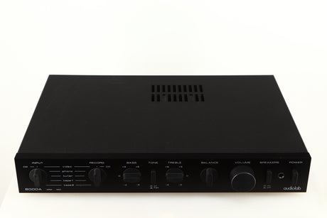 Top of a used Audiolab 8000A Integrated Amplifier in a black finish