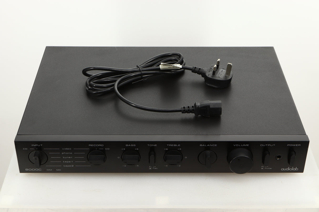 A used Audiolab 8000C Pre Amplifier in Black finish showing mains cable