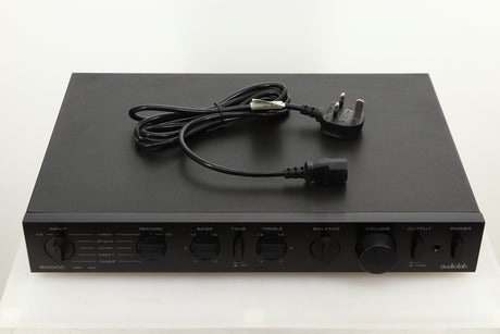 A used Audiolab 8000C Pre Amplifier in Black finish showing mains cable