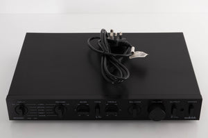 Top of a used Audiolab 8000C Pre Amplifier in a Black finish showing Mains Cable