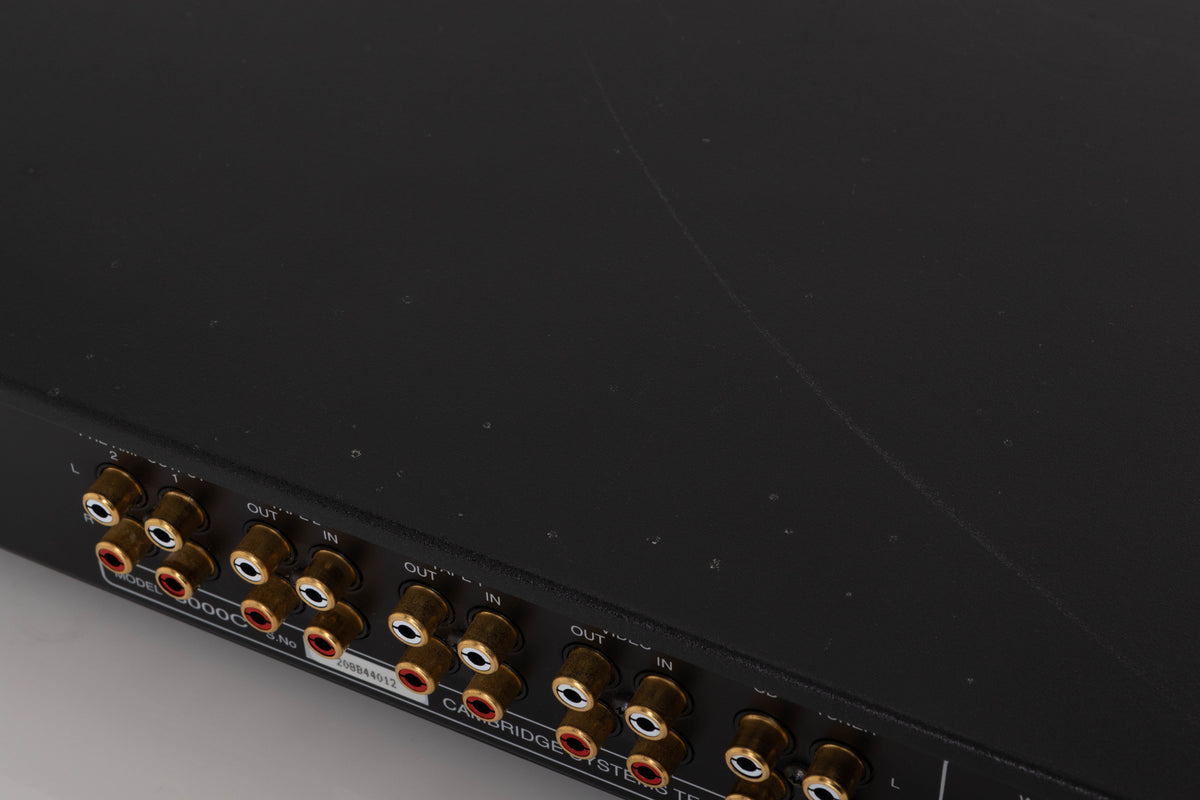 Close up of a used Audiolab 8000C Pre Amplifier in a Black finish showing marks on top