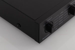 Front left corner of a used Audiolab 8000C Pre Amplifier in a Black finish