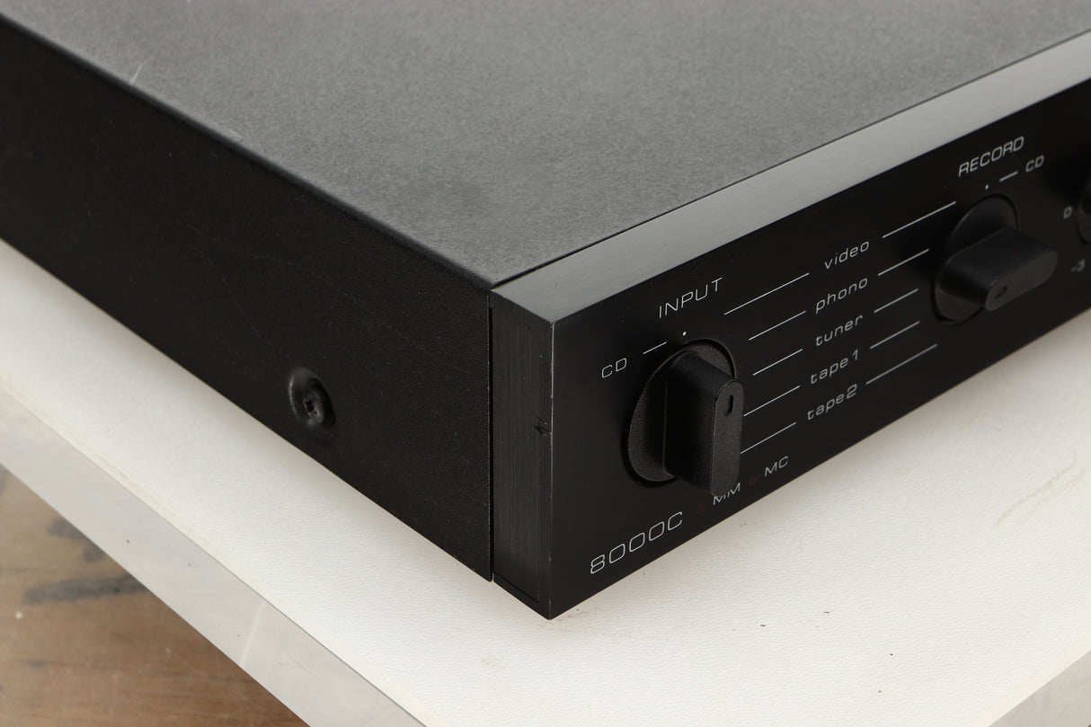 Front left corner view of a used Audiolab 8000C Pre Amplifier in Black finish