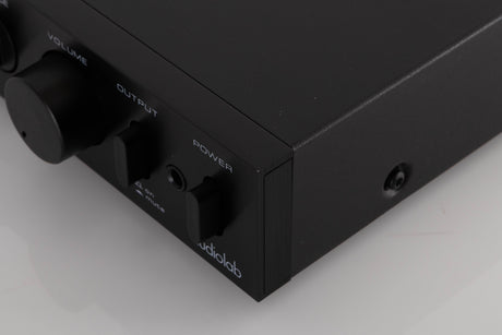 Front right corner of a used Audiolab 8000C Pre Amplifier in a Black finish