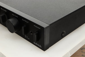 Front right corner view of a used Audiolab 8000C Pre Amplifier in Black finish