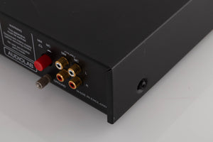 Rear left corner of a used Audiolab 8000C Pre Amplifier in a Black finish