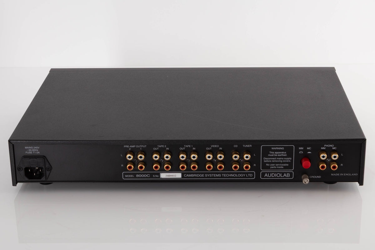 Rear view of a used Audiolab 8000C Pre Amplifier in a Black finish showing Phono Inputs, Phono Outputs and Mains Input